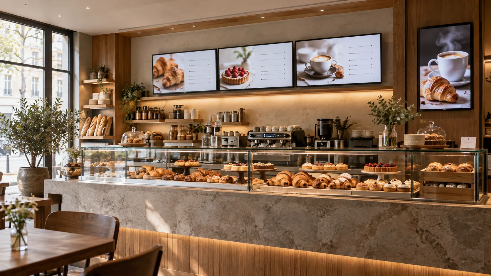 Des écrans de menus installés dans une boulangerie.