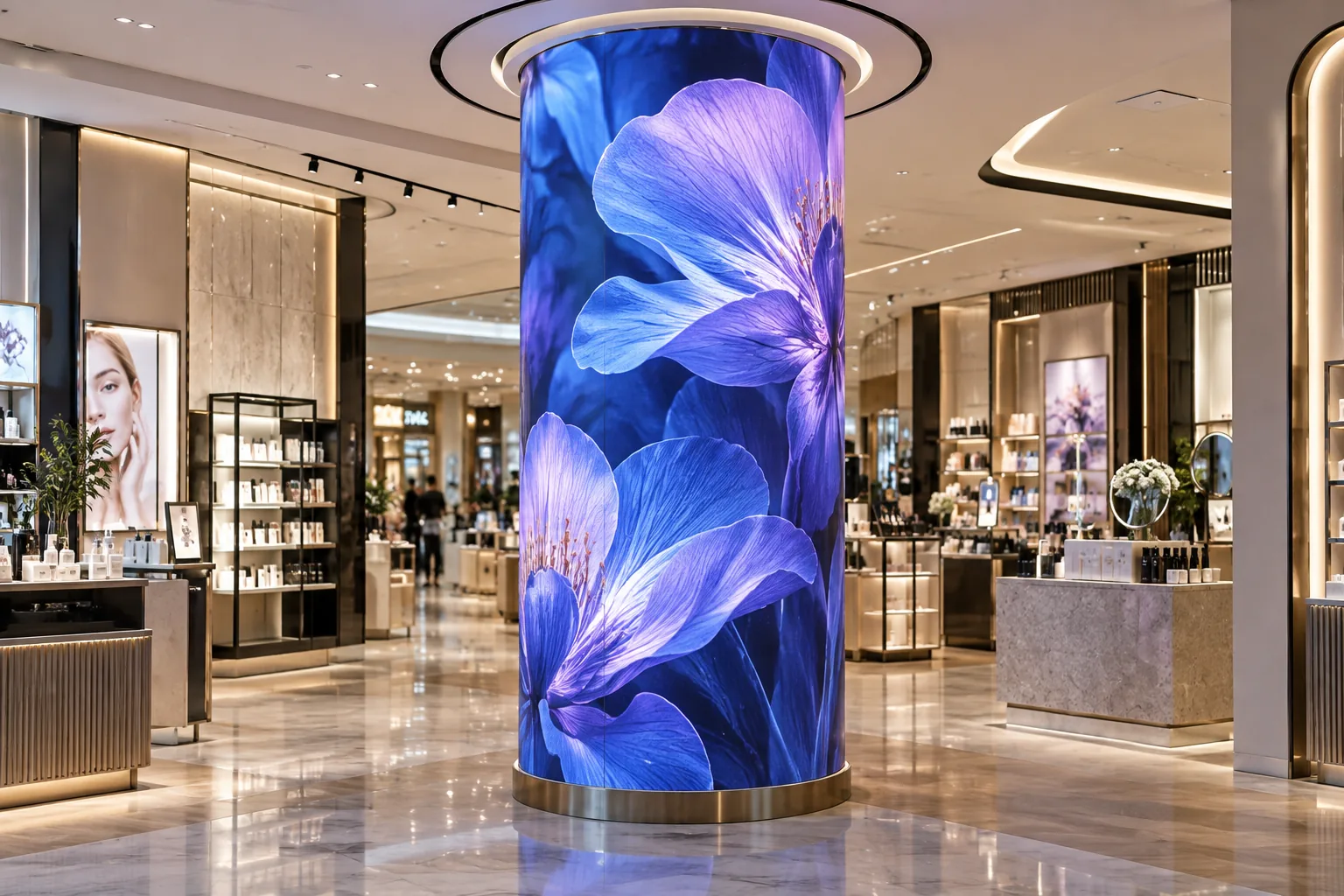Mise en situation d’un écran LED flexible épousant une colonne dans un magasin.