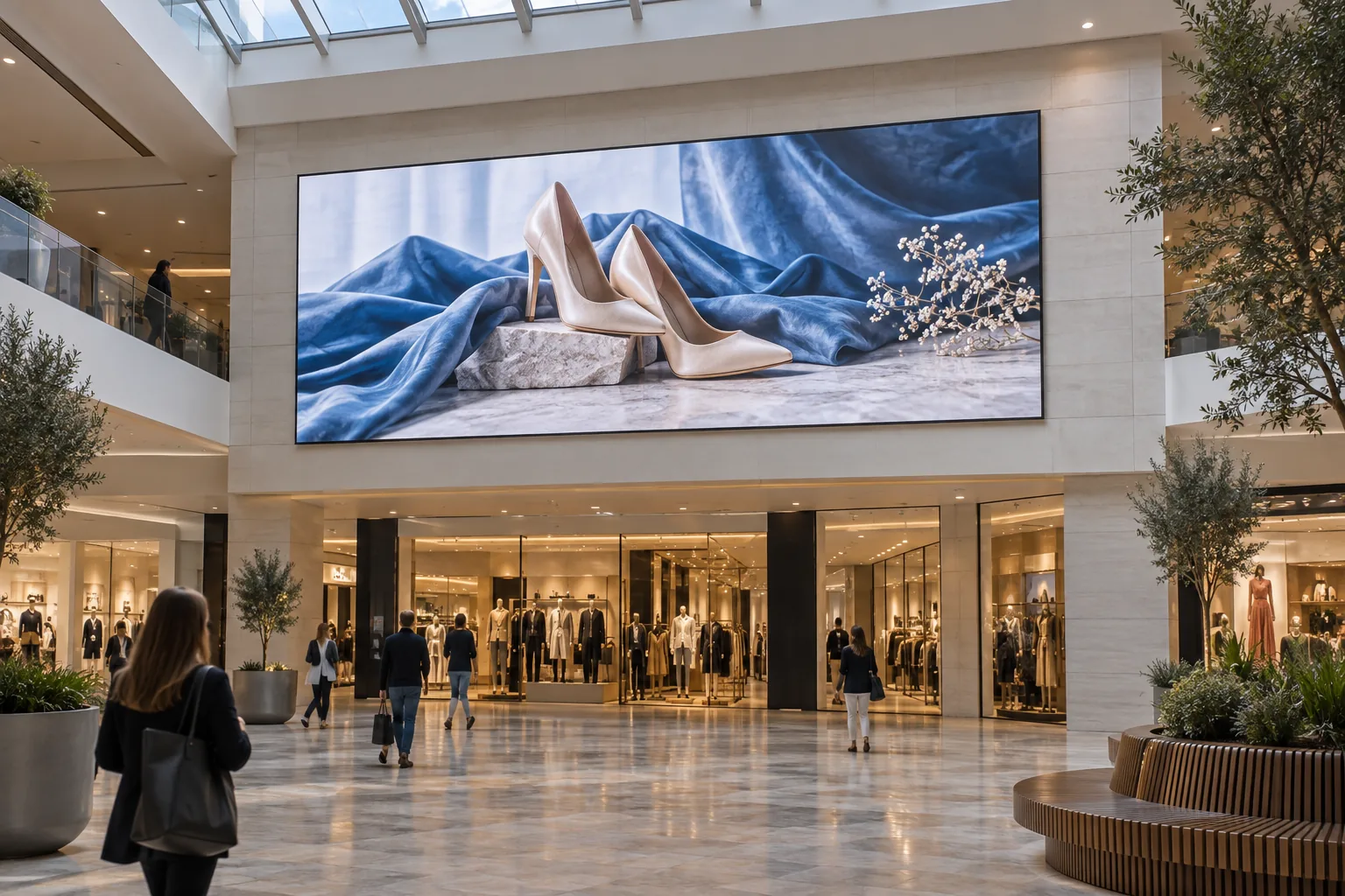 Mise en situation d’un écran LED géant dans une galerie commerciale.