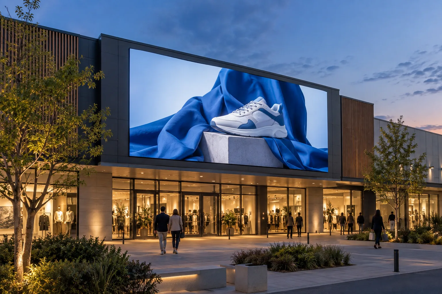 Mise en situation d’un écran LED géant sur la façade d’un bâtiment commercial.