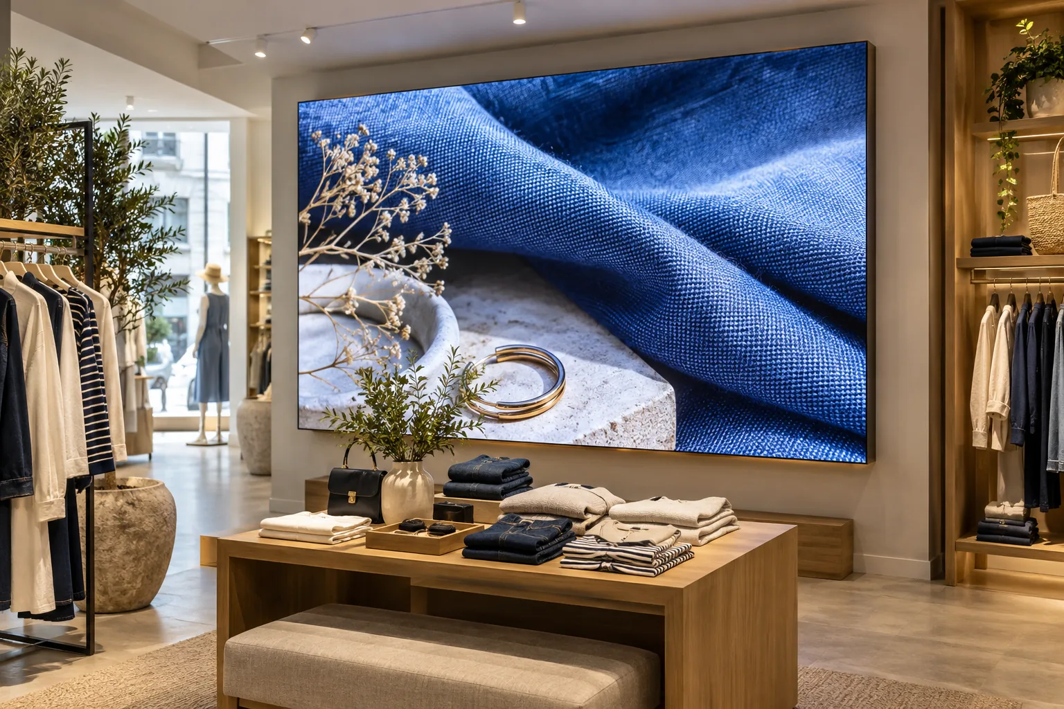 Mise en situation d’un mur LED dans une boutique de vêtements.