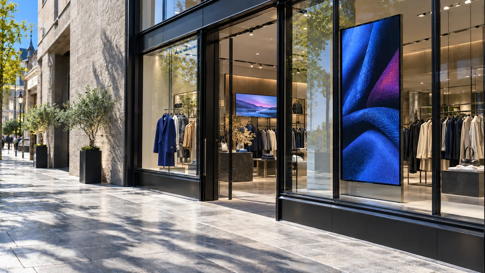 Un écran vertical dans une vitrine de boutique en plein jour.