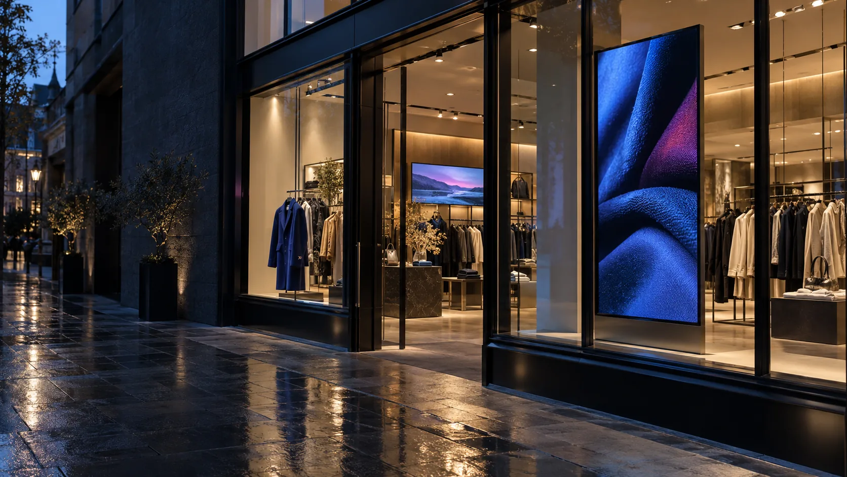 Une boutique contemporaine à la tombée du jour, équipée d’un écran vertical en vitrine et d’un écran paysage à l’intérieur.