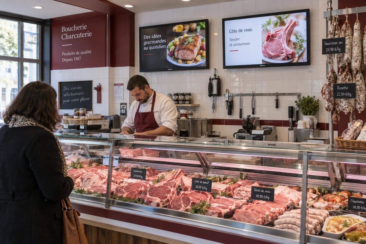Mise en situation d’écrans d’affichage dynamique : boucherie & charcuterie.