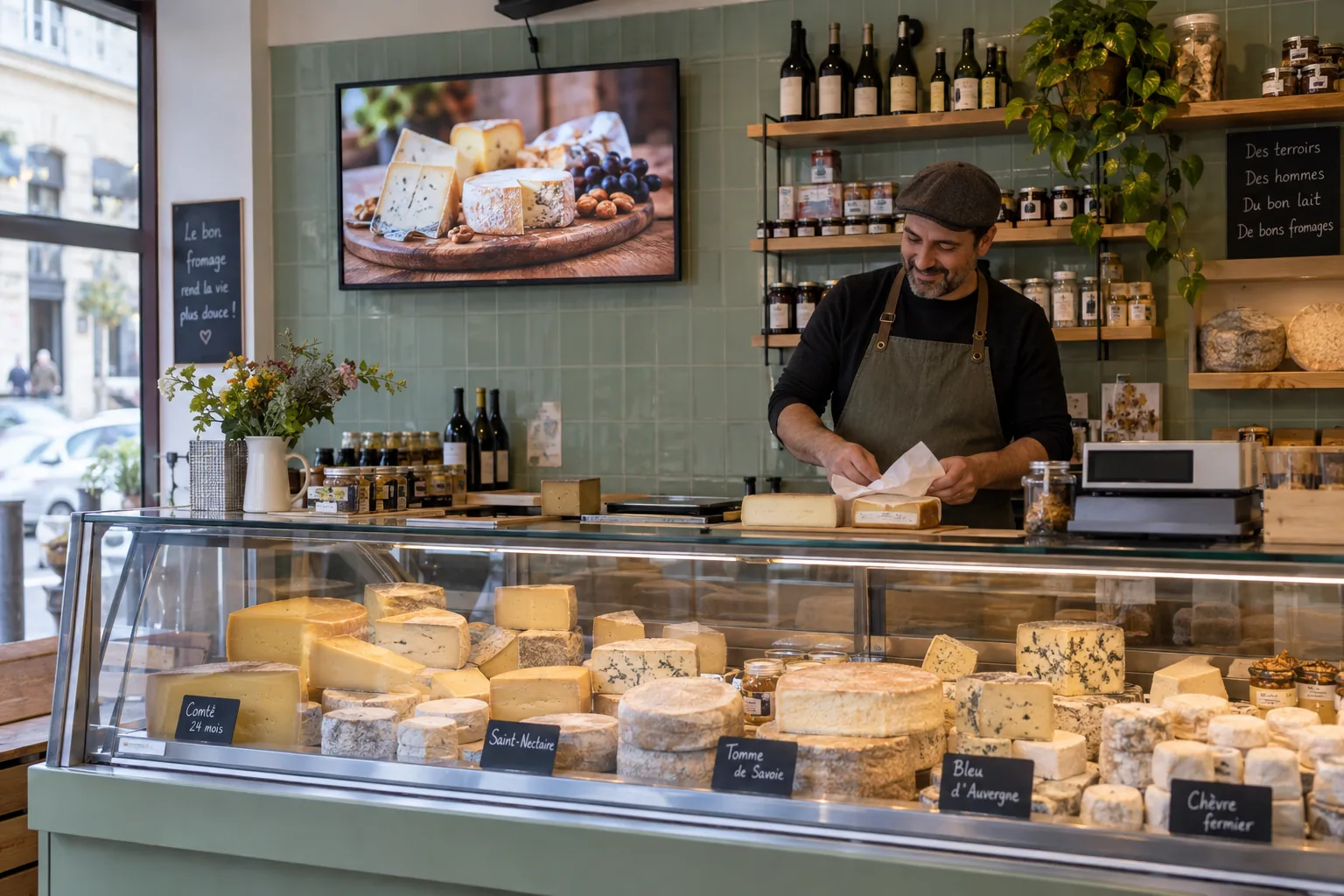 Mise en situation d’écrans d’affichage dynamique : fromagerie & crèmerie.