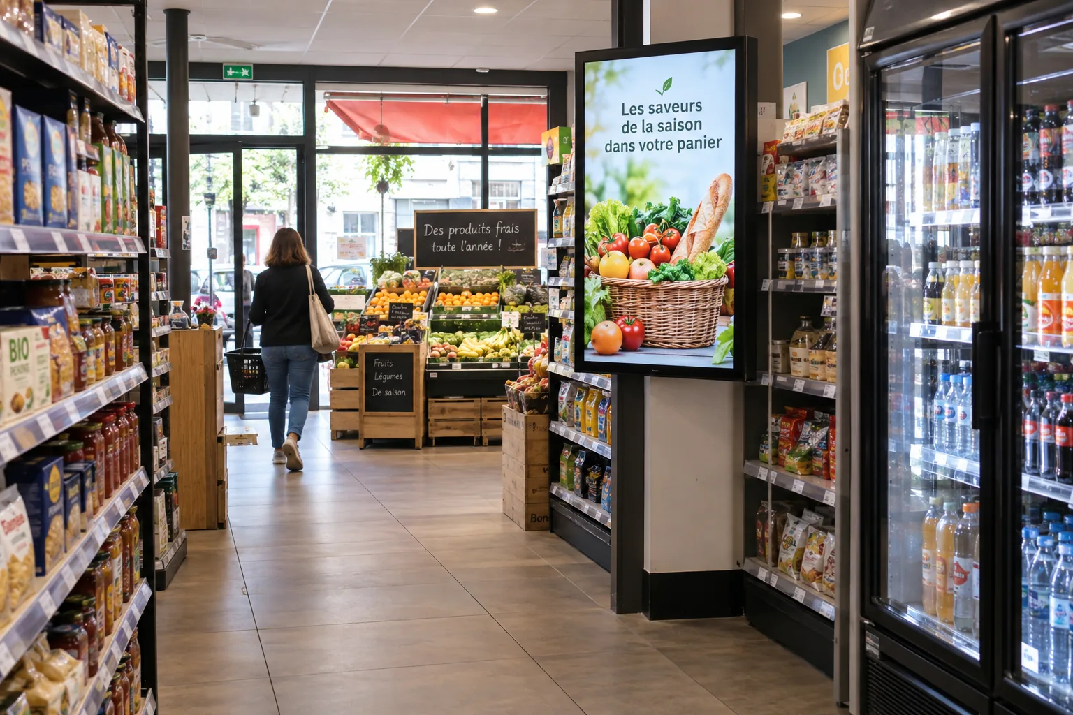 Mise en situation d’écrans d’affichage dynamique : épicerie & supérette.