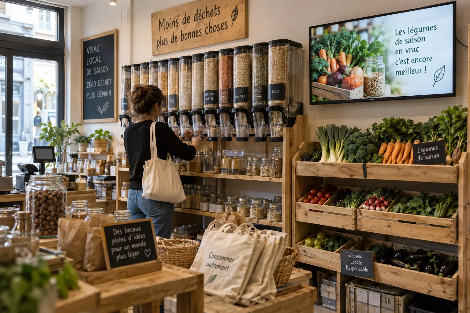 Mise en situation d’écrans d’affichage dynamique : magasin bio & vrac.
